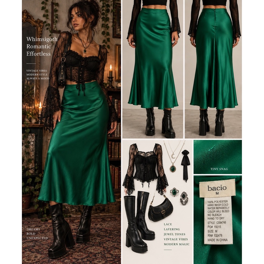 Bacio Emerald Green Satin Midi Skirt M Y2K Whimsigoth Bias Slip Mermaid Gothic